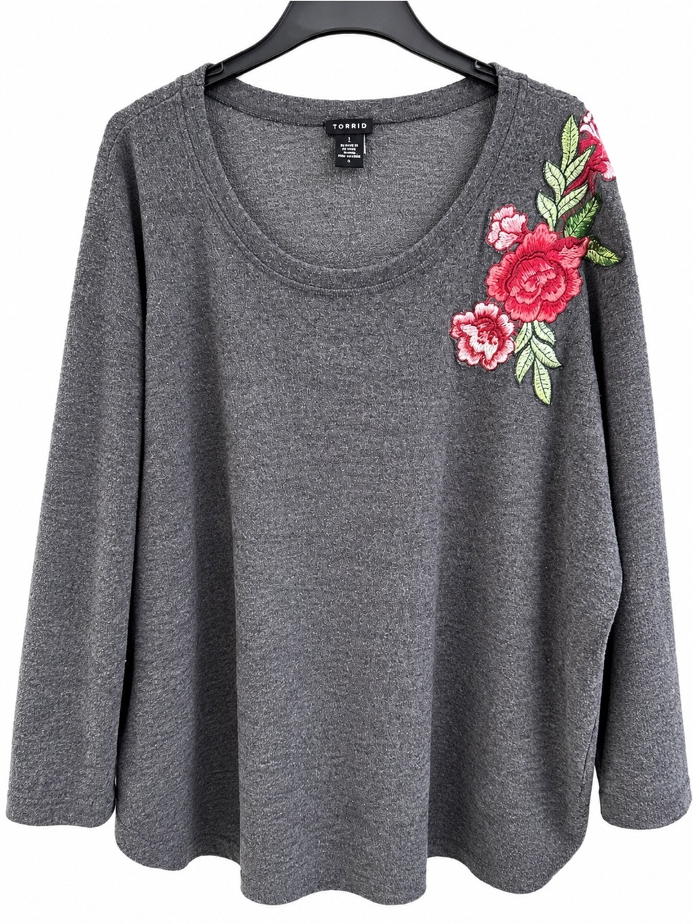 torrid Gray Crewneck Sweater with Pink Floral Shoulder Embroidery